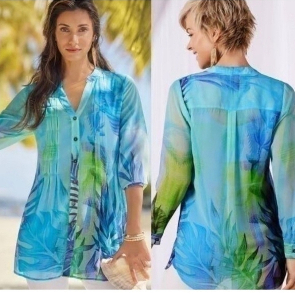 Soft Surroundings Blue Palm Springs Tunic Top, women's Large. NWT